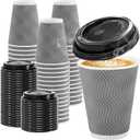 Lamosi 100 Pack 12 oz Disposable Coffee Cups with Lids, Insulated Ripple Wall To-Go Paper Coffee Cups Suitable for Chocolate Cocoa and Hot/Cold Drinks (Grey)