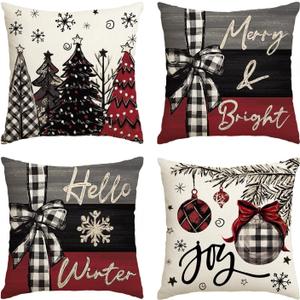 AVOIN colorlife Merry Christmas Joy Xmas Trees Red Throw Pillow Covers, 16 x 16 Inch Christmas Winter Holiday Cushion Case Decoration for Sofa Couch Set of 4