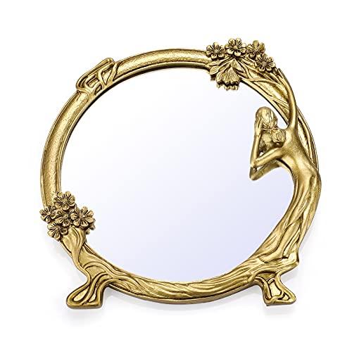 JUXYES Antique Gold Small Decorative Mirror for Wall and Desktop, Vintage Cosmetic Mirror with Beauty Golden Frame, Elegant European Wall Hanging Dressing Mirror Decor for Bathroom Bedroom