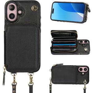 Bocasal Crossbody Wallet Case for iPhone 16, RFID Blocking Leather Purse Case with Card Holder, Protective Handbag Flip Cover with Zipper Wrist Strap Lanyard for Women 5G 6.1 Inch (Black)
