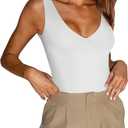 REORIA Women's Summer Sexy Plunge Deep V Neck Sleeveless Double Lined One Piece Tank Tops Thong Bodysuits Leotards for Going Out White X-Large