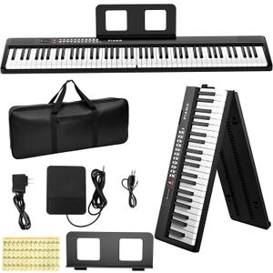 Electronic 88 Key Piano Keyboard,Bluetooth Foldable Full Size Semi-Weighted Digital Pianos with Power Adapter,Pedal,Sheet Music Stand,Sticker,Bag,Gift for Beginners,Black