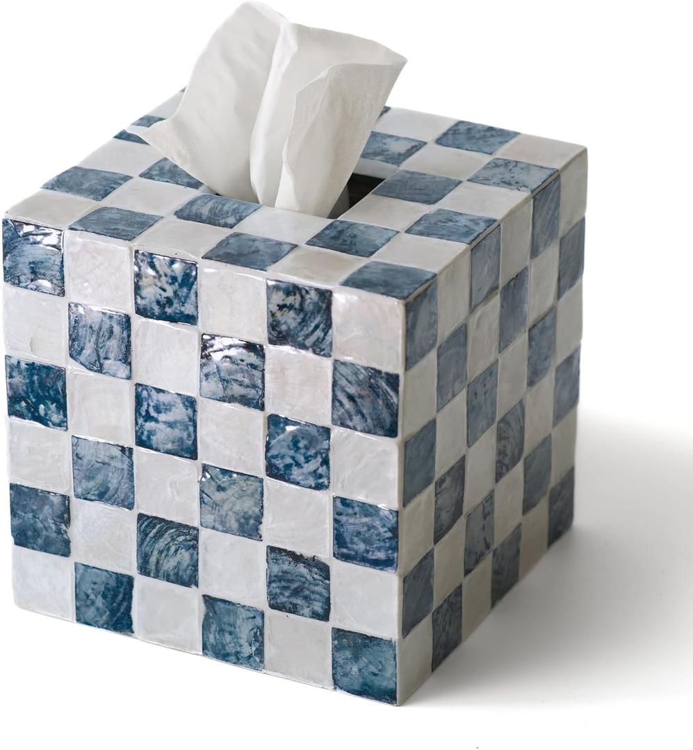 CHI AN HOME 5.7" Square Tissue Box Cover, Handmade Checkered Cube Tissue Box Cover with Capiz Shells, Decorative Mother of Pearl Tissue Holder for Living Room, Bathroom, Bedroom or Office (Navy Blue)