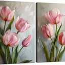 Pankila Tulip Floral Wall Art Pink Tulip Pictures Canvas Prints Abstract Tulip Flower Wall Decor for Living Room Bedroom Bathroom Office Home Decorations Framed Artwork (16''W X 24''H X 2Pcs)