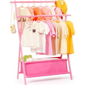 Bamboo Kids Clothing Rack with Dual Poles, Child Dress Up Rack, Clothing OrganizerRack, Small GarmentRack with Storage, Perfect for Costumes and Accessories (Pink)