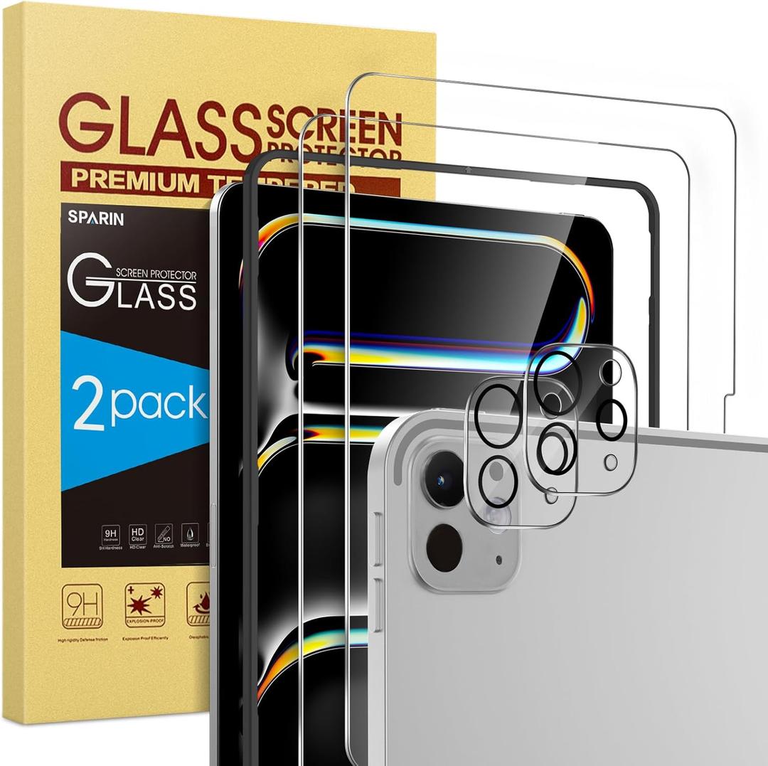 SPARIN 2+2 Pack Screen Protector for iPad Pro 13 inch 2024 7th generation M4 + Camera Lens Protector, Tempered Glass with Alignment Frame/Case Friendly/Anti Scratch/Apple Pencil Pro Compatible