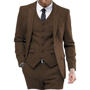 Mens Tweed Herringbone Wedding Suit Prom Tuxedos 3 Piece Peak Lapel Dress(Brown,3XL)