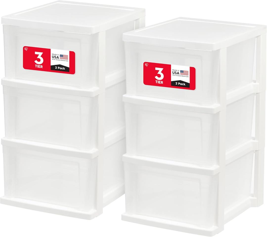 IRIS USA Plastic Drawer Storage Organizer, 3-Drawers, 2-Pack, for Classroom Art Craft Supplies, Bathroom Bedroom, Laundry Room, White/Clear