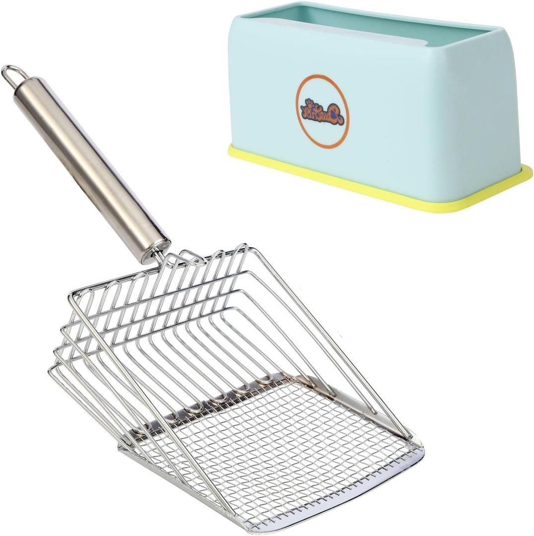 Cat Litter Scoop, Metal cat Litter scoopers, Deep Shovel,cat Litter Sifter, Kitten Poop Sifting,Heavy Duty Speed Sifter for Litter Box,Litter Scooper with Holder (Silvery Scoop-Blue Holder)