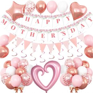 DMIGHT Mothers Day Decorations Happy Mothers Day Banner with Rose Gold Latex & Foil Balloons, Hanging Swirls for Pink Mothers Day Party Supplies