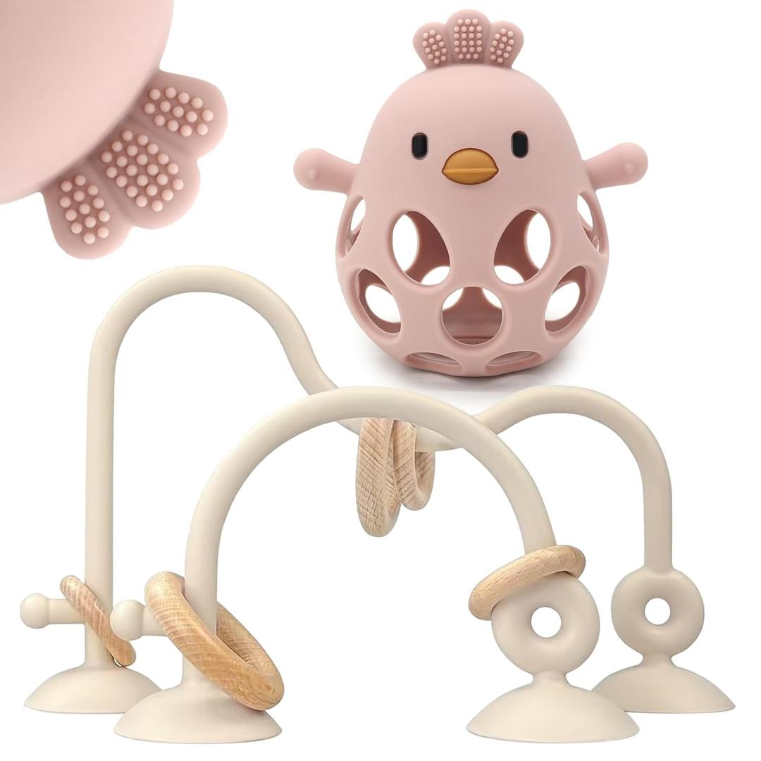 Baby High Chair Suction Toys Teething Chew - Baby Table Toys, Teething Toys Silicone Teethers, Food Grade Silicon for 6 12 18 Months (Beige Rosepink)