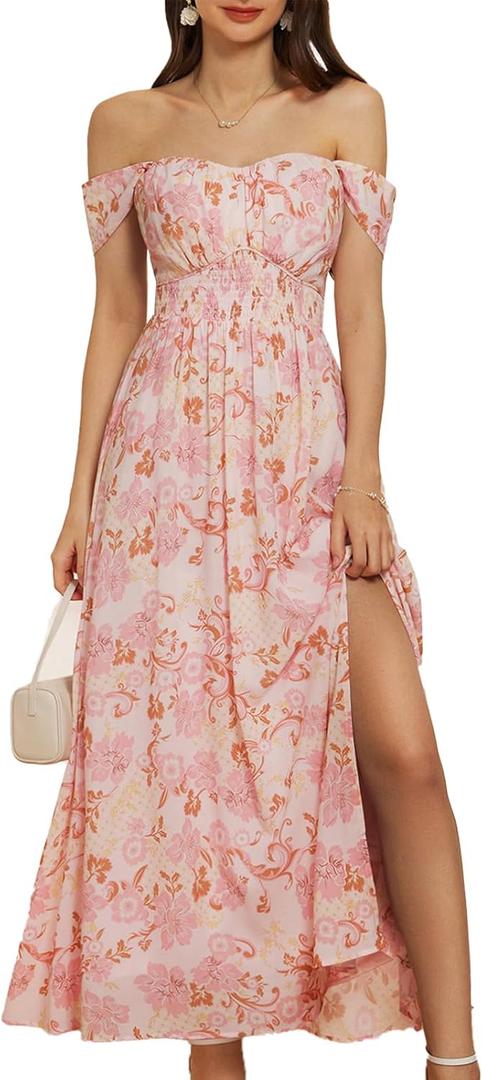 GRACE KARIN 2025 Women's Summer Floral Print Flowy A Line Maxi Dresses Sleeveless Smocked Off Shoulder Dress, S