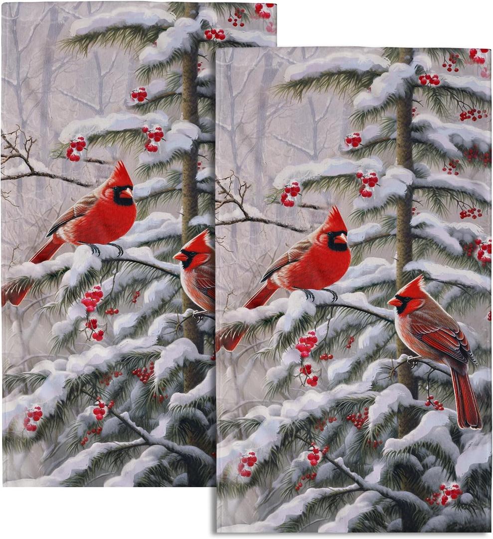 Giwawa Red Bird Hand Towels Winter Berry Bathroom Decorative Bath Towels Set of 2 Soft Absorbent Dish Fingertip Towels for Home Kitchen Gym