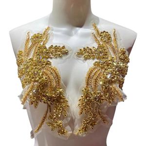 1 Pair of Handmade Rhinestone Appliques,26.5 * 18cm Gold Applique for Dress Wedding,Banquet Evening Gown,Photograph Shot Sewing Rhinestone Patches(Gold)