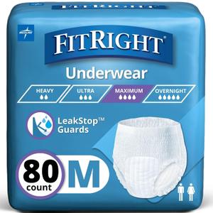 Medline FitRight Super Adult Incontinence Underwear, Maximum Absorbency, Medium, 28-40, 4 Packs of 20 (80 Total) (White, M)