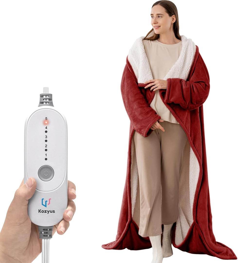 Wearable Heated Blanket with Foot Pocket & Sleeves, Electric Blanket Heated Robe for Women & Men, 5 Heat Settings, 3H Auto-Off, Machine Washable, ETL Certified, Gift-Ready, 50x70 inches, Red