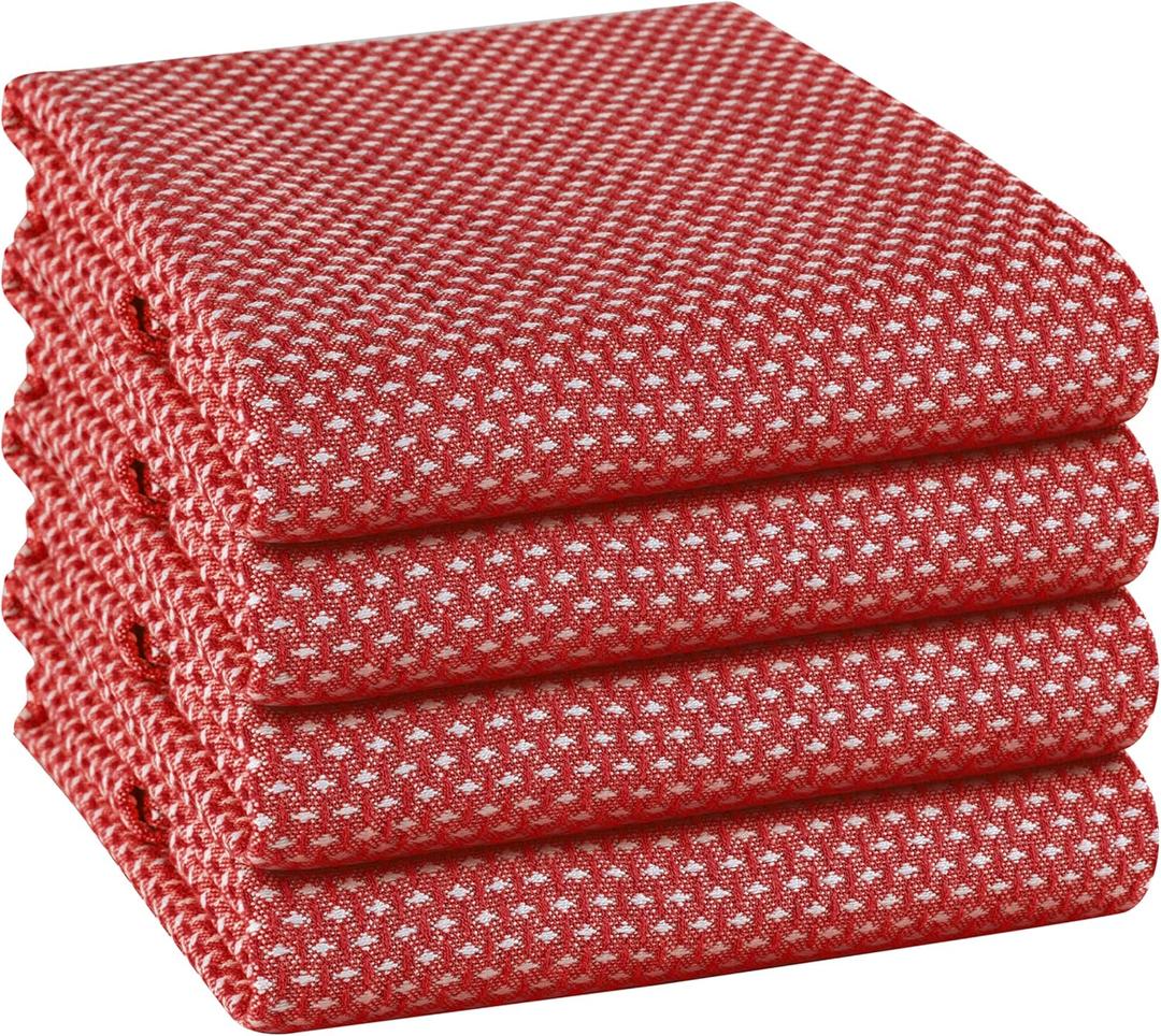 TWINY Threads 4-Pack Cotton Kitchen Towels, 18x28 Inches, Soft & Absorbent Dish Cloths Set with Hanging Loop, Quick-Dry, Reusable and Washable Washcloths for Cooking, Baking & Cleaning Tasks, Red