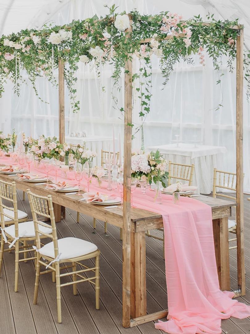 BESBESME Chiffon Table Runner, 10ft x 28in Pink - Romantic Sheer Wedding Party Decor