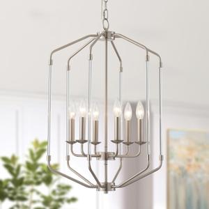 Chandliers for Dining Room, Brushed Nickel 6 Lights Large Geometric Pendant Lights Modern Farmhouse Light fixtures for Living Room Kitchen Tablle Foyer, E12 Bulb, Height Adjustable, 17.3"