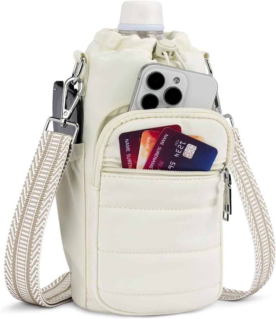 Water Bottle Bag 40 oz Crossbody Holder for Walking Hiking Insulated Carrier Purse with Adjustable Strap (Beige)