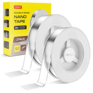 2 Pack Double Sided Tape Heavy Duty, Extra Large Clear Mounting Tape, Strong Removable No Residue, Reusable Double Nano Tape for Walls, Photos, Poster, Carpet, Home Office Decor, 10FT