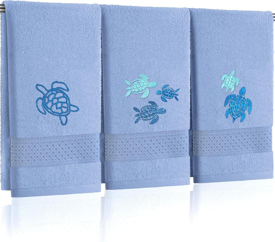 Hahafelt 3 Pack Sea Turtle Coastal Hand Towels for Bathroom 100% Cotton Embroidered Beach Bathroom Towels 13.78 x 29.53 Inch Soft Absorbent Ocean Turtle Bath Towel Gift for Holiday Summer, Blue