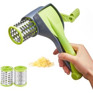 Cheese Grater with Handle, Kitchen Parmesan Cheese Grater with 2 Stainless Steel Drums, Rotary Cheese Graters Handheld for Grating and Shredding Hard Cheese, Chocolate