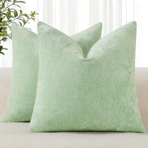 decorUhome Chenille Sage Green Summer Throw Pillow Covers 18x18 Inch Set of 2, Decorative Soft Couch Pillow Covers Solid Dyed Accent Farmhouse Neutral Square Pillow Cases for Sofa