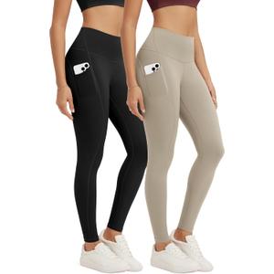 ODODOS 2-Pack Full Length High Waist Workout Leggings with Pockets for Women, 28" Tummy Control Athletic Yoga Pants, Black+Taupe, X-Large (XL)