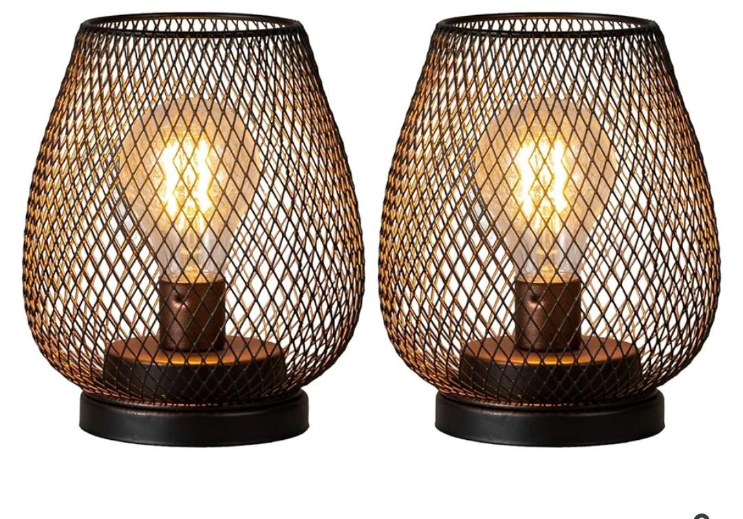 DECORKEY Set of 2 Battery Operated Lamp LED Table Lantern, Brown Metal Cage Cordless Lamps with LED Bulb, Vintage Decorative Outdoor Lantern for Weddings, Parties, Patio, Events for Indoors Shelf Decor