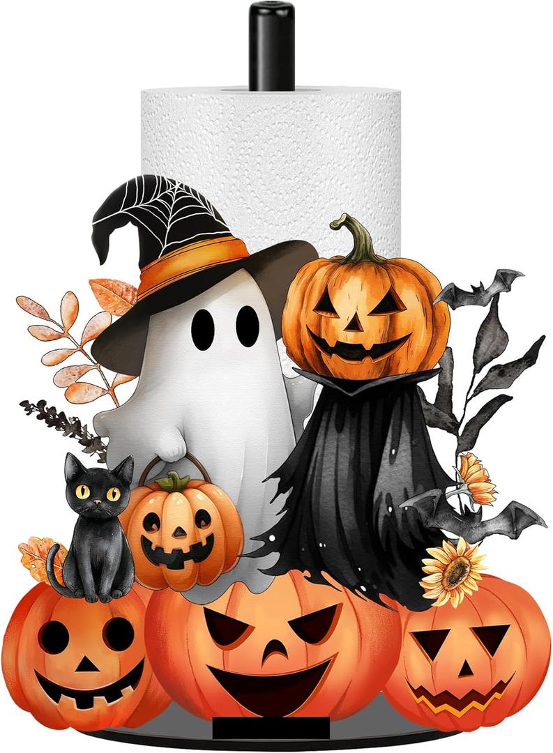 Halloween Decor Paper Towel Holder, Black Ghost Towels Paper Holder for Kitchen Countertop, Fall Party Decoration Paper Stand Dispenser Holders Pumpkins Steady Roll Holder for Fall Holiday