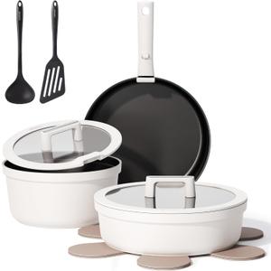 CAROTE 22pcs Pots and Pans Set Non Stick, Detachable Handle Cookware Set White, RV Cooking Set, Dishwasher/Oven/Fridge Safe, Pot and Pan Set, Induction Cookware