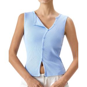 QINSEN Women's Sleeveless Ribbed Crewneck Tank Top Upper Button Fastening Shirts Going Out Tops, XS