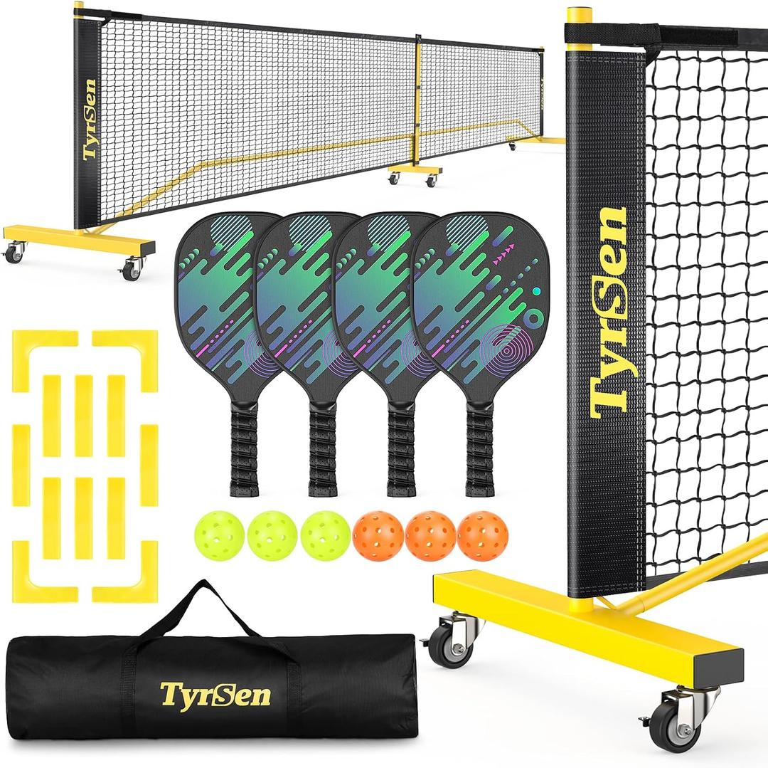 Pickleball Net Set, Pickleball Net on Wheels for Driveway Backyard, 22FT Regular Size, 4 Pickleball Paddles & 6 Balls, 12 Court Markers, 1 Carry Bag, Pickleball Set for Indoor Outdoor Play