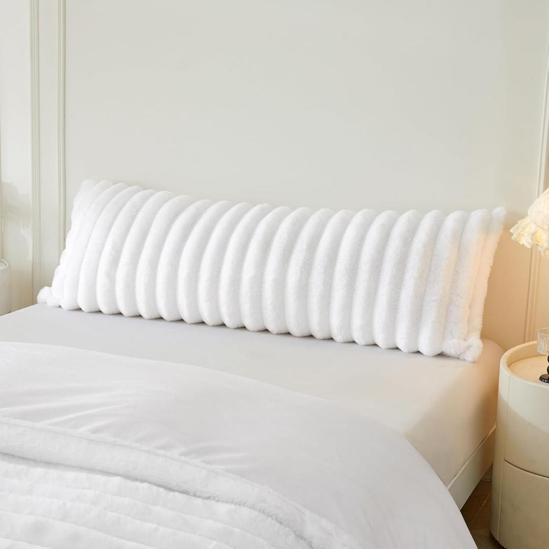 MEGO Fluffy Faux Rabbit Fur Body Pillow Cover, Soft Plush Fuzzy Wide Striped 20x54 Zippered Body Pillowcase, Decorative Shaggy Furry Bedroom Long Pillow Cover for Pregnant Women Side Sleeper, White