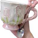 Large Ceramic Coffee Mug Pink Cute Flower,with and Spoon,Flower Mugs with Handle,Floral Girly Mugs,Breakfast Milk Oatmeal Cup,Girl Gift,14oz/410ml (Pink)
