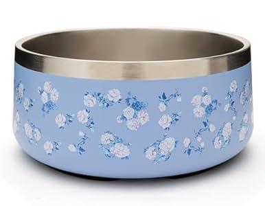 Podinor Stainless Steel Dog Bowls for Medium Large Breed - 4 Cup Non Slip Anti Rust, Insulated Metal Dog Food and Water Bowl - Spill Proof Heavy Duty, Dishwasher Safe (32 oz, Blooming Rosettes)