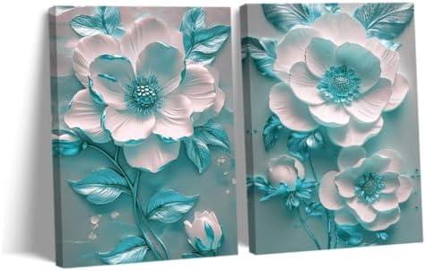 CCWORKERRY White and Teal Flower Canvas Wall Art for Living Room Set of 2 Botanical Floral Pictures Abstract Floral Painting Artwork Framed(Teal,12"x16"x2Pcs)