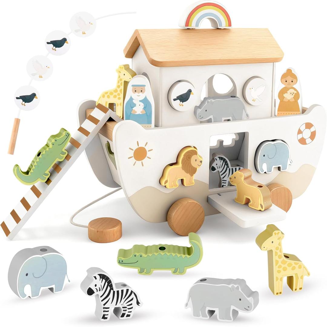 Wooden Noahs Ark Toy for Toddlers 1-3, Baptism Christening Gifts for Boys Girls, Christian Toy Animal Shape Sorter, Baby Birthday