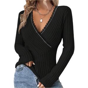 SOLY HUX Women's Long Sleeve V Neck T Shirt Lace Trim Rhinestone Wrap Tee Slim Fitted Fall Tops (Pure Black)