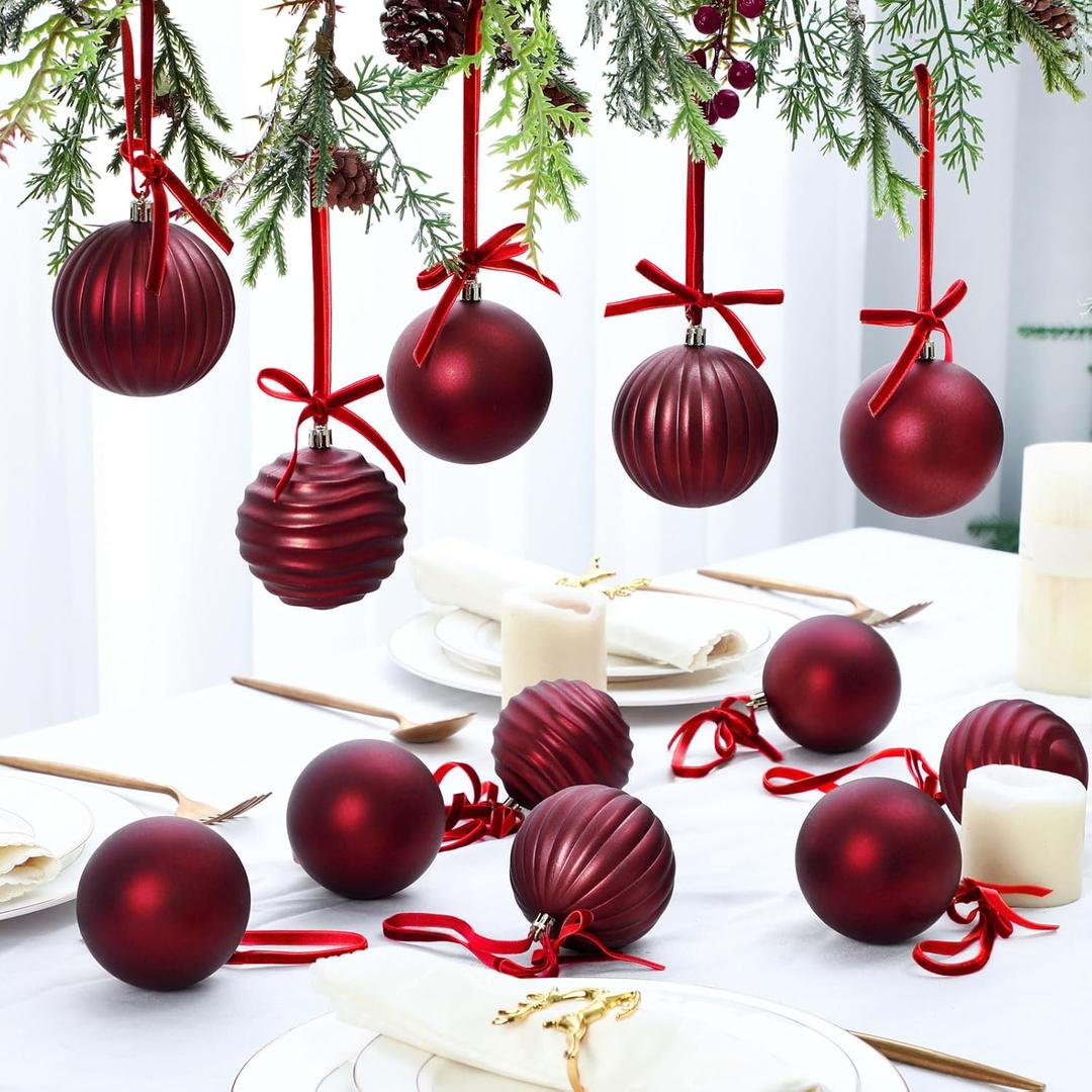 GlikCeil 12 Set Burgundy Ball Ornaments for Christmas Tree Velvet Bows Xmas Tree Ball Neutral Hanging Decoration for Festival Holiday Party Wreath Home(3.15 Inch)