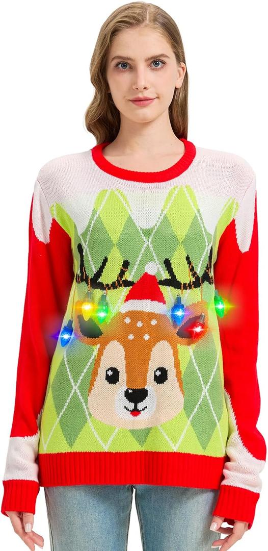 MGparty Ugly Christmas Sweater for Women 2025 Christmas Cute Light Up Sweaters Holiday Party Novelty Funny Pullover (X-Large, Green)