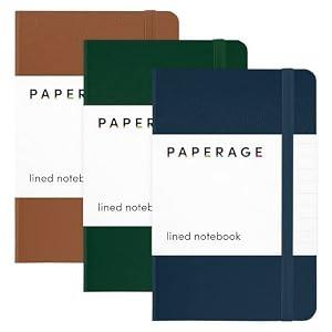 PAPERAGE Lined Pocket Journal Notebook, 3 Pack, (Dark Green, Cognac, Navy), 160 Pages, Small, 3.6 inches x 5.6 inches - 100 GSM Thick Paper, Hardcover