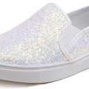 FEVERSOLE Women's Fashion Slip-On Sneaker Casual Flat Loafers (9, White Glitter)