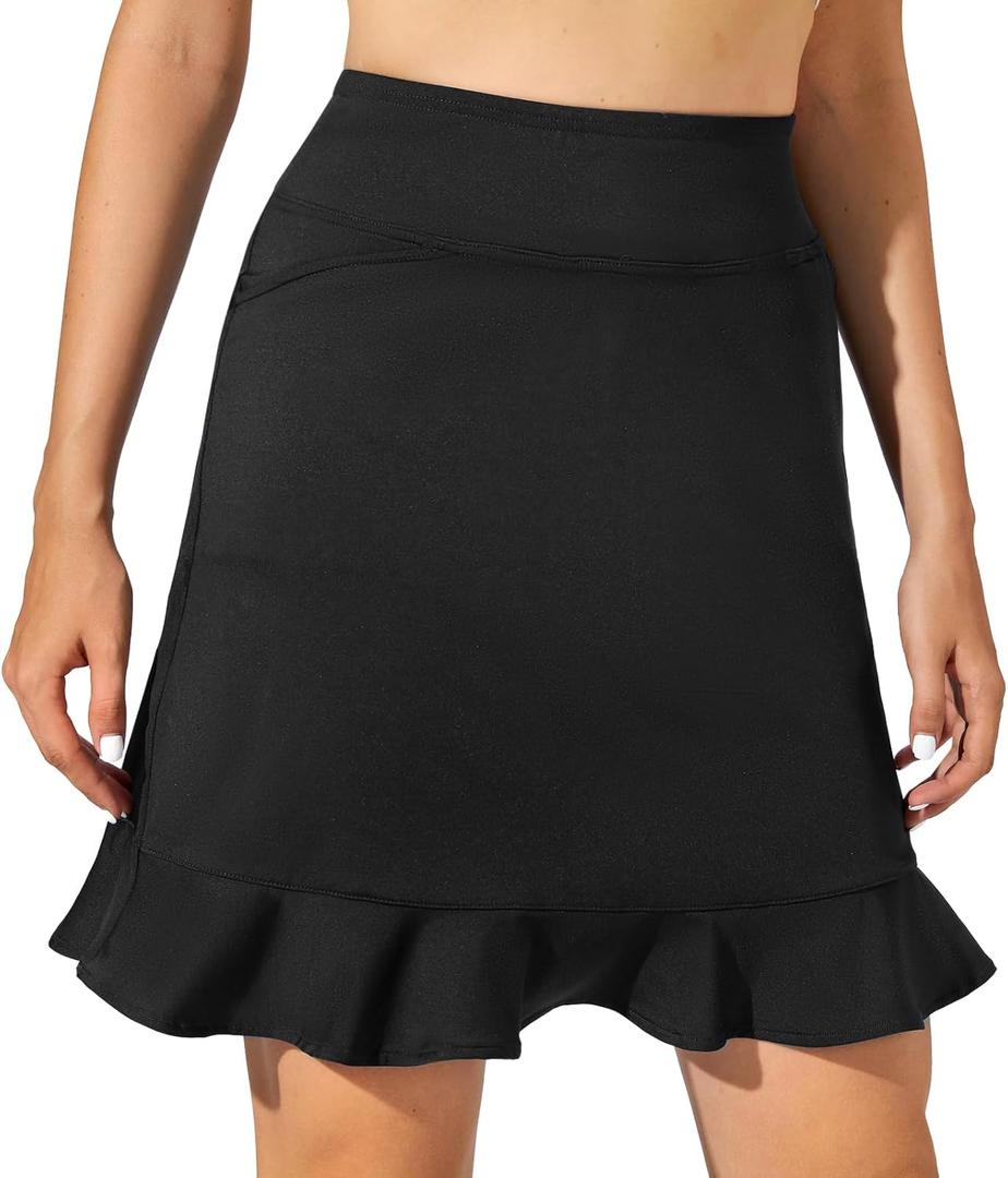 M MOTEEPI Womens 20" Skort Knee Length Ruffle Golf Skirts for Women with Pockets Shorts Dressy Casual Summer (Black)