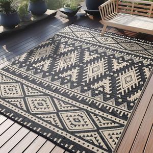 OLANLY Outdoor Rug Waterproof 6x9 ft, Reversible Outdoor Plastic Straw Rug, Boho Patio Rug, Indoor Outdoor Carpet, RV Mat Outside for Patio, Camp, Picnic, Balcony, Deck, Backyard, Black & Beige