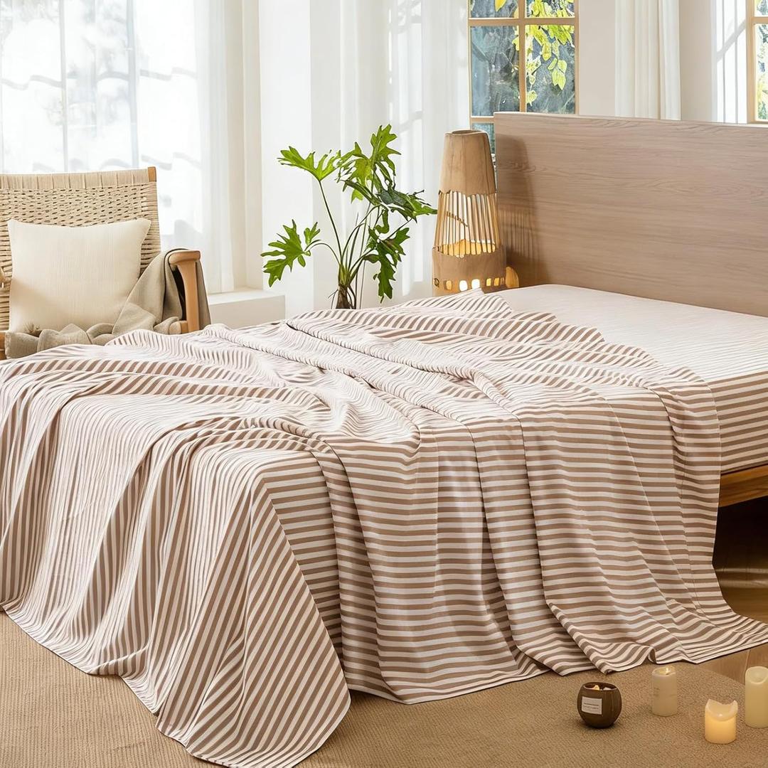 MooMee Striped Flat Top Sheet Only 100% Washed Cotton Linen Like Textured Breathable Durable Soft Comfy (Orange Classic Stripes, King)