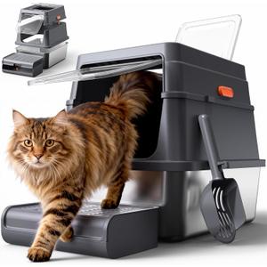 Powools Cat Litter Box - Stainless Steel Litter Box with Lid for Kitty, Metal Base Enclosed Cat Box with Litter Scoop, Elevated Step Box, Activated-Carbon Pack, 17.1" x 13.2" x 15", Grey