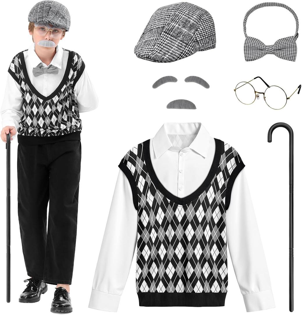 VICAMB Old Man Costume for Kids 100 Days of School Costume for Boys Old Person Costume Grandpa Outfit with Hat & Accessories (8-10Y, Black)