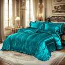 Silky Comforter Set with Sheet Set Queen 8 Pcs Peacock Green Bed in a Bag Green Bedding Set Silk Like Satin Ruffle Home Decor Sexy Hotel Silky Bed Set with 1 Cushion Cover